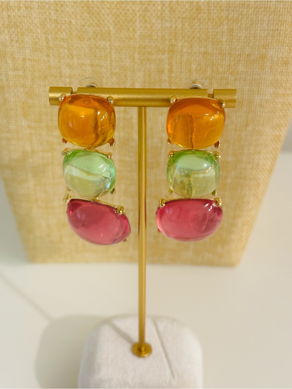 Fashion Jewelry Gold-Tone Triple Drop Earrings in Amber, Light Green & Pink